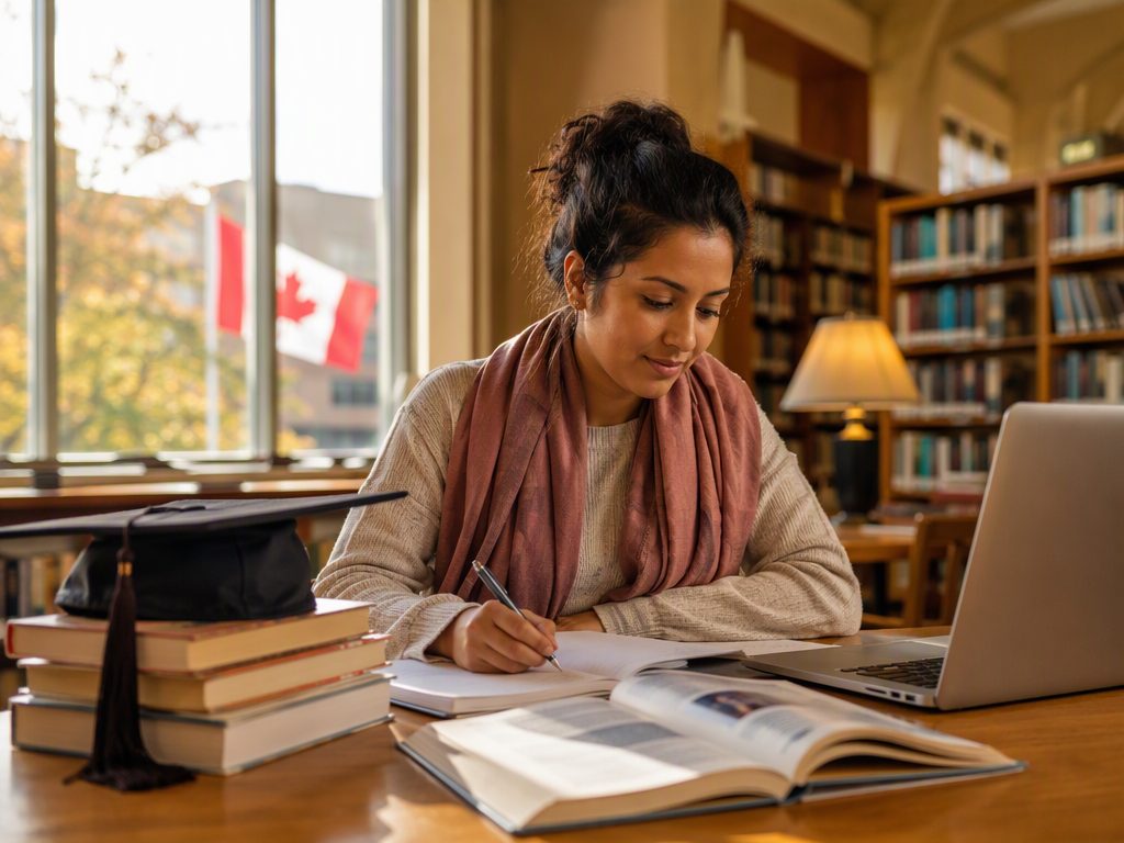 Newcomer student studying at a Canadian library