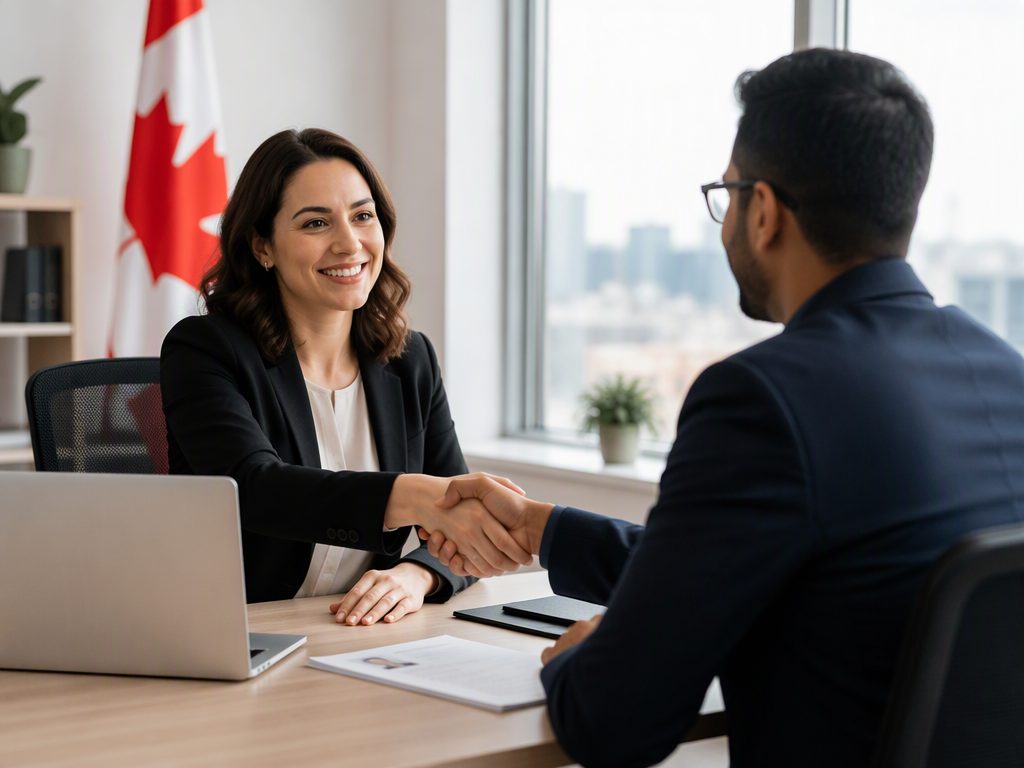 Newcomer professional shaking hands with an employer at a job interview