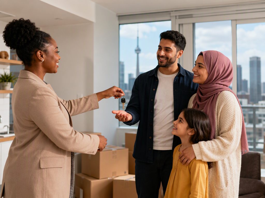 Newcomer family receiving keys to their first rental home in Canada